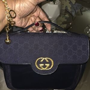 Gucci Navy Blue Handbag with Gold Accents